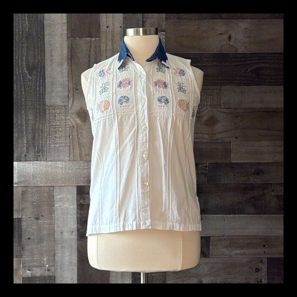 Jane Ashley vintage button up top medium petite feminine beach coastal grandma